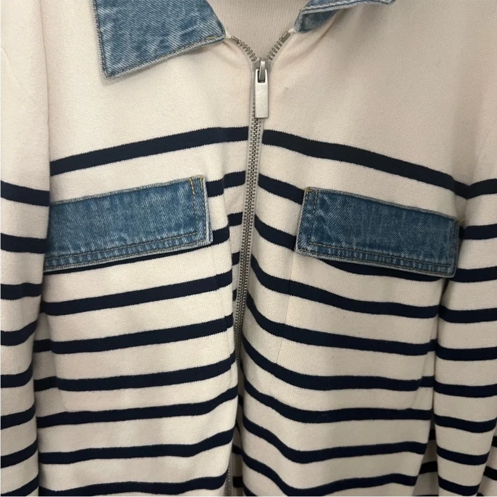 NWOT LOFT Blue and White Denim-Trim Cardigan - Picture 2 of 13